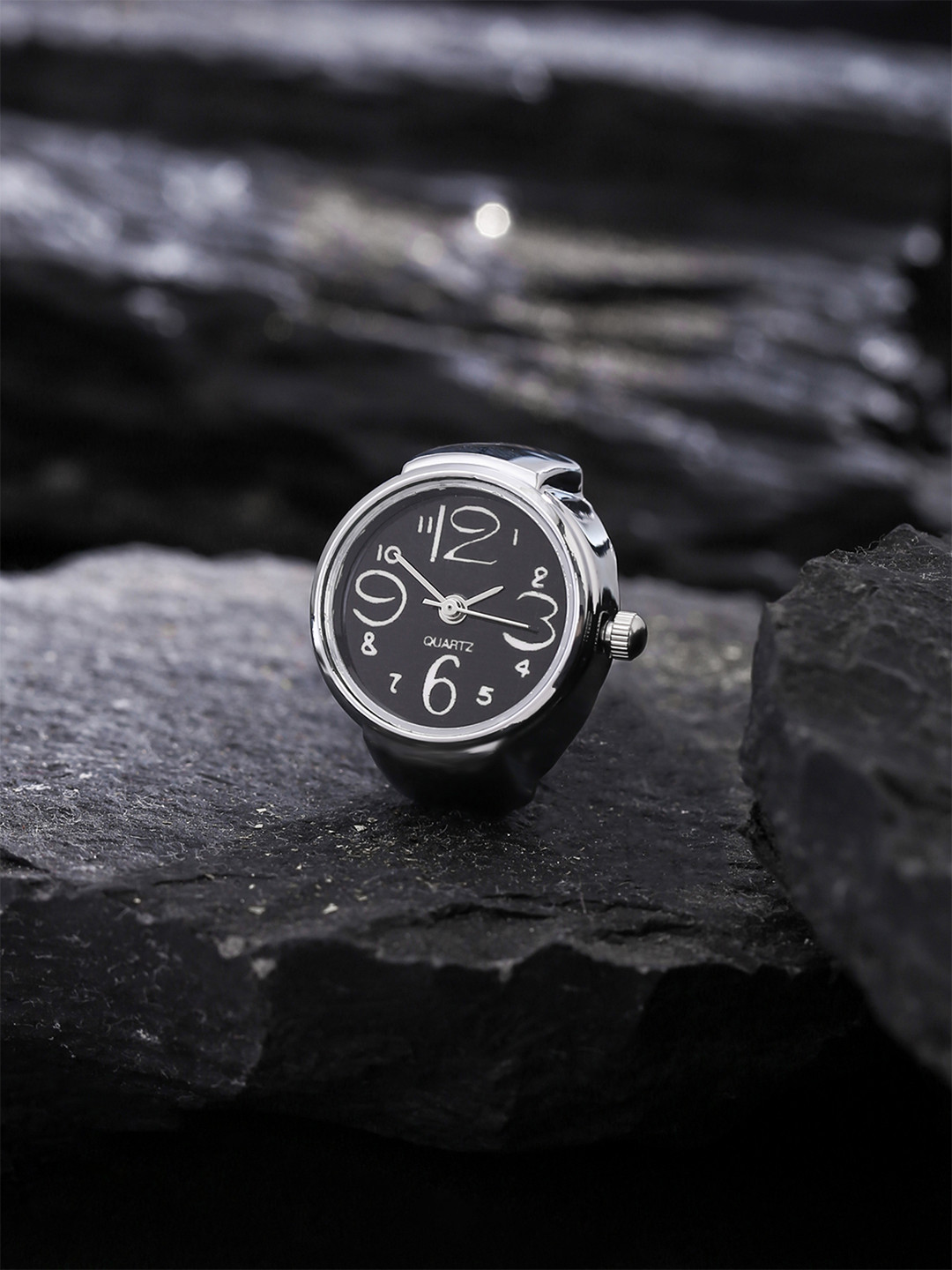 Yellow Chimes Black Dial Analog Watch Stretchable FInger Ring