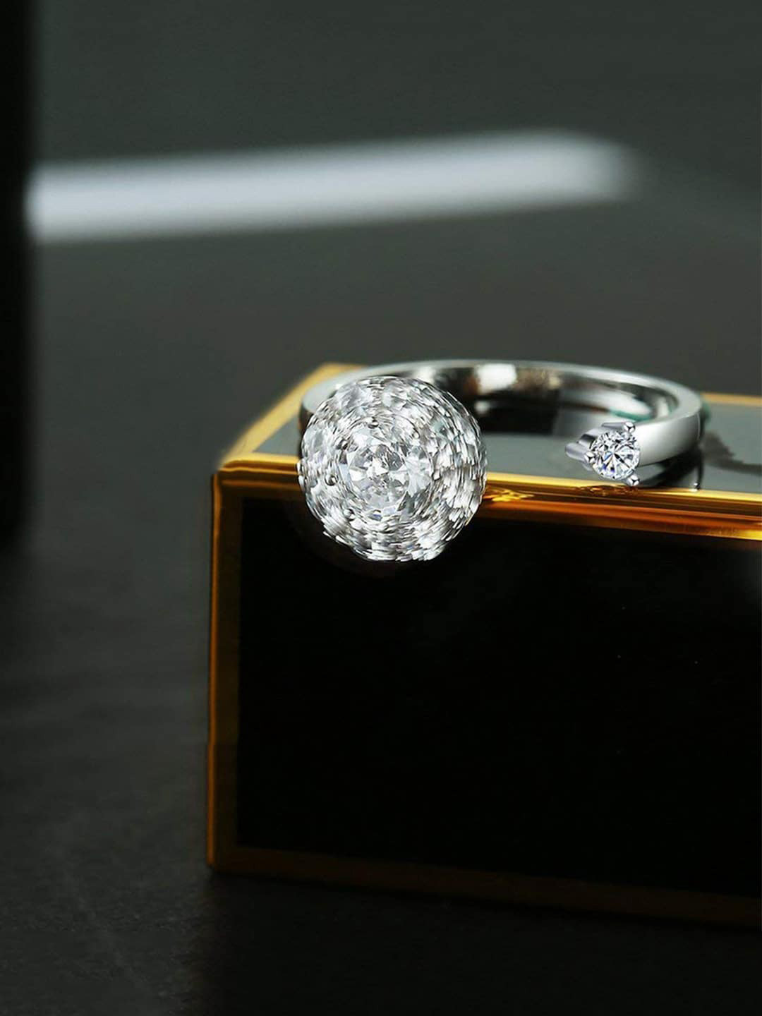 Yellow Chimes Women Silver Toned Zircon Crystal Rotating Adjustable Ring