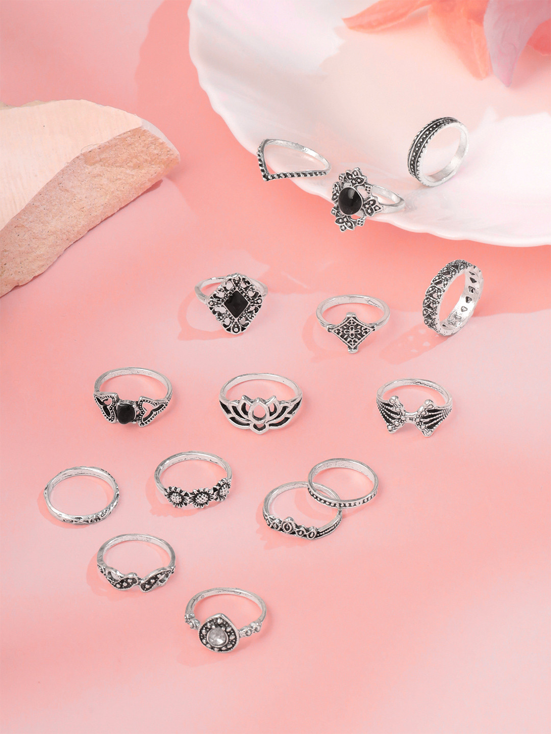 Yellow Chimes Women Silver Plated Set of 15 Boho Vintage Style Finger Rings