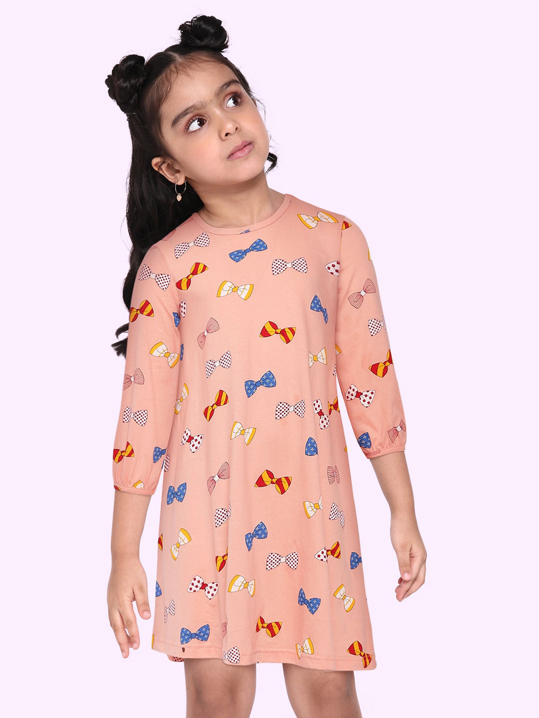 abof Girls Peach-Coloured Printed Pure Cotton A-Line Dress