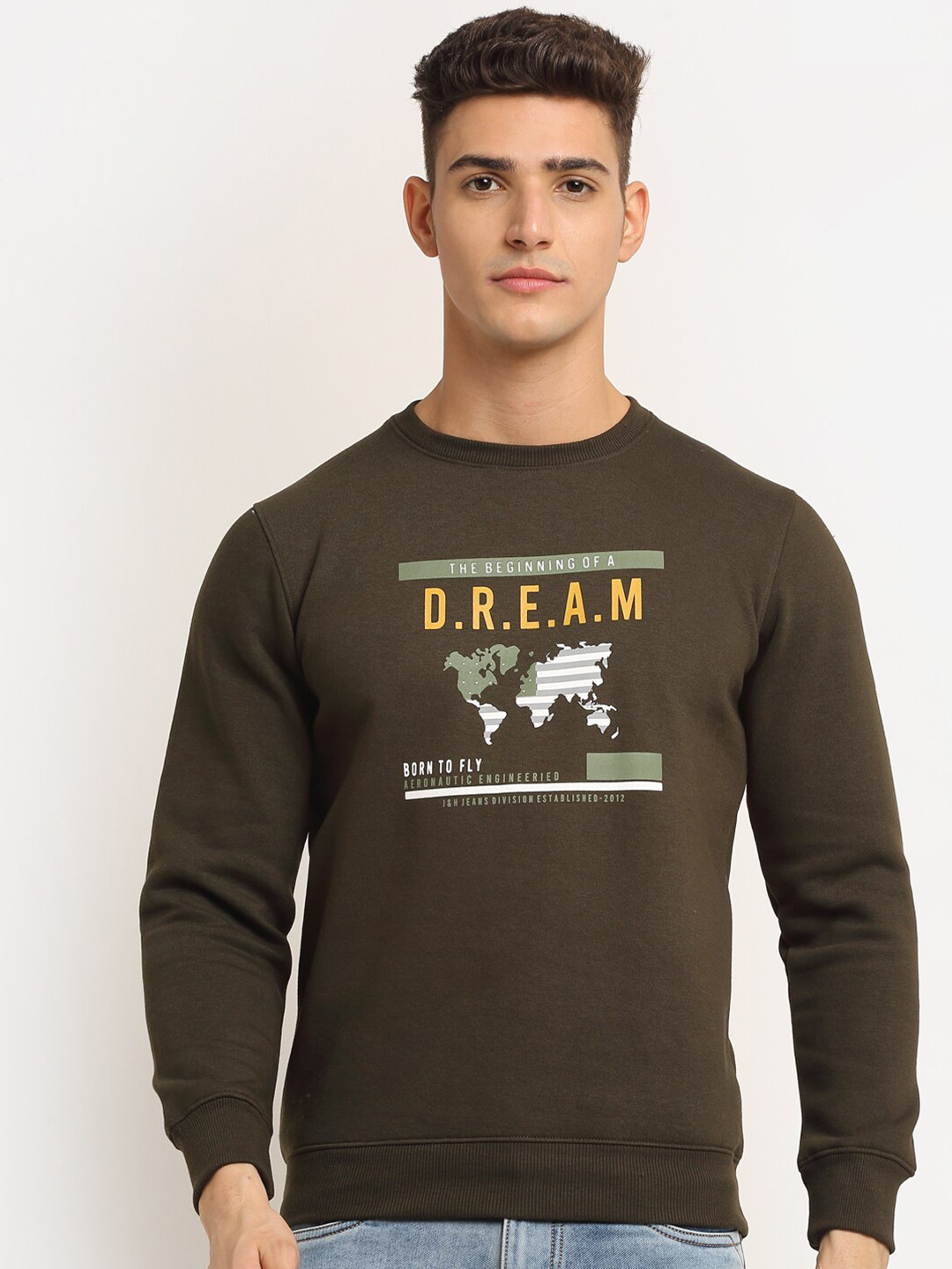 Rodamo Men Olive Green Printed Fleece Sweatshirt