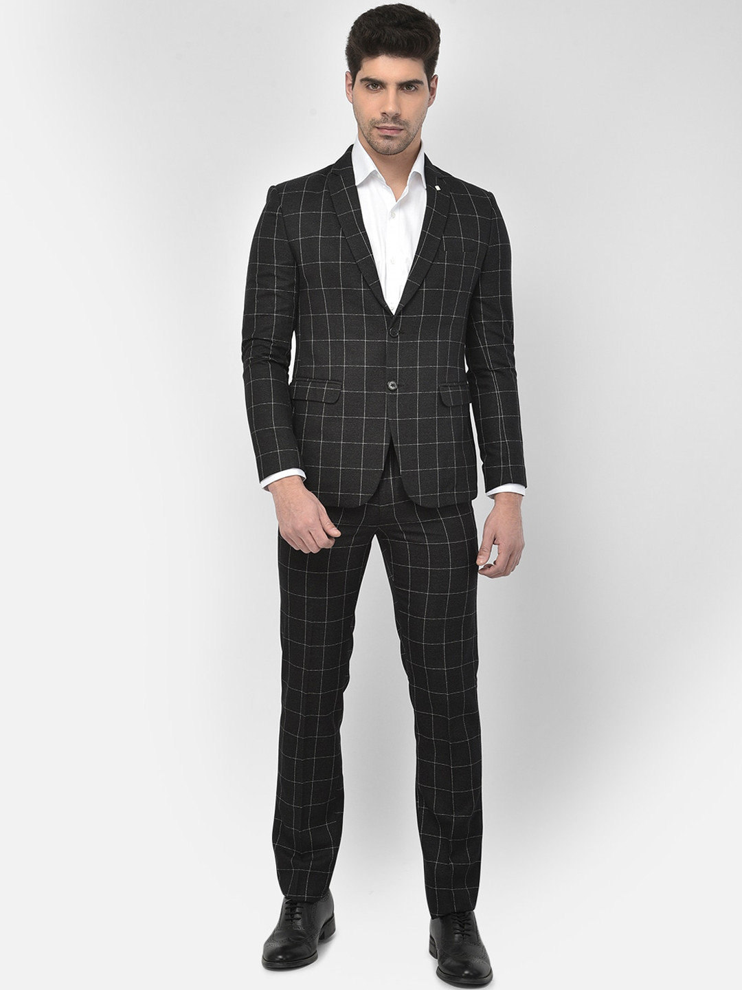 Crimsoune Club Men Black & White Checked Slim-Fit Single-Breasted Two-Piece Formal Suit