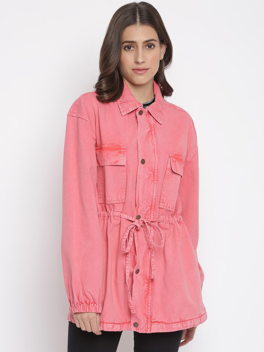 TALES & STORIES Women Pink Washed Longline Denim Jacket