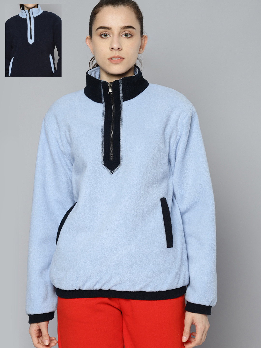 Fitkin Women Blue Solid Fleece Reversible Sweatshirt