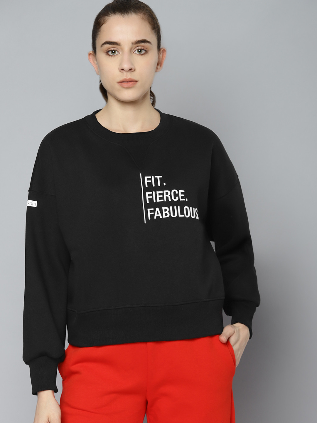 Fitkin Women Black & White Warm Winter Fleece Embroidered  Sweatshirt