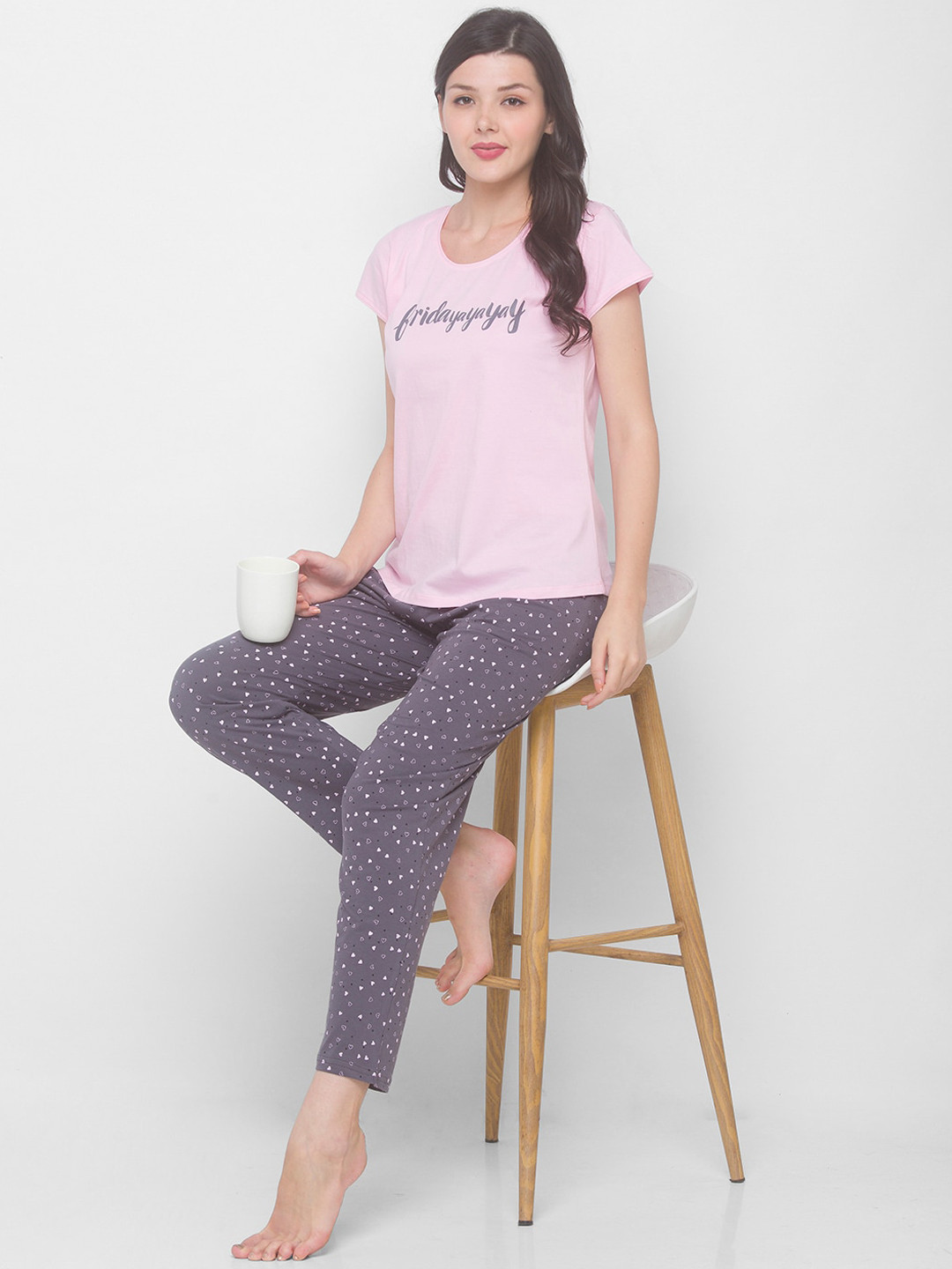 AV2 Women Pink & Grey Polka Dots Printed Pure Cotton Nightsuit