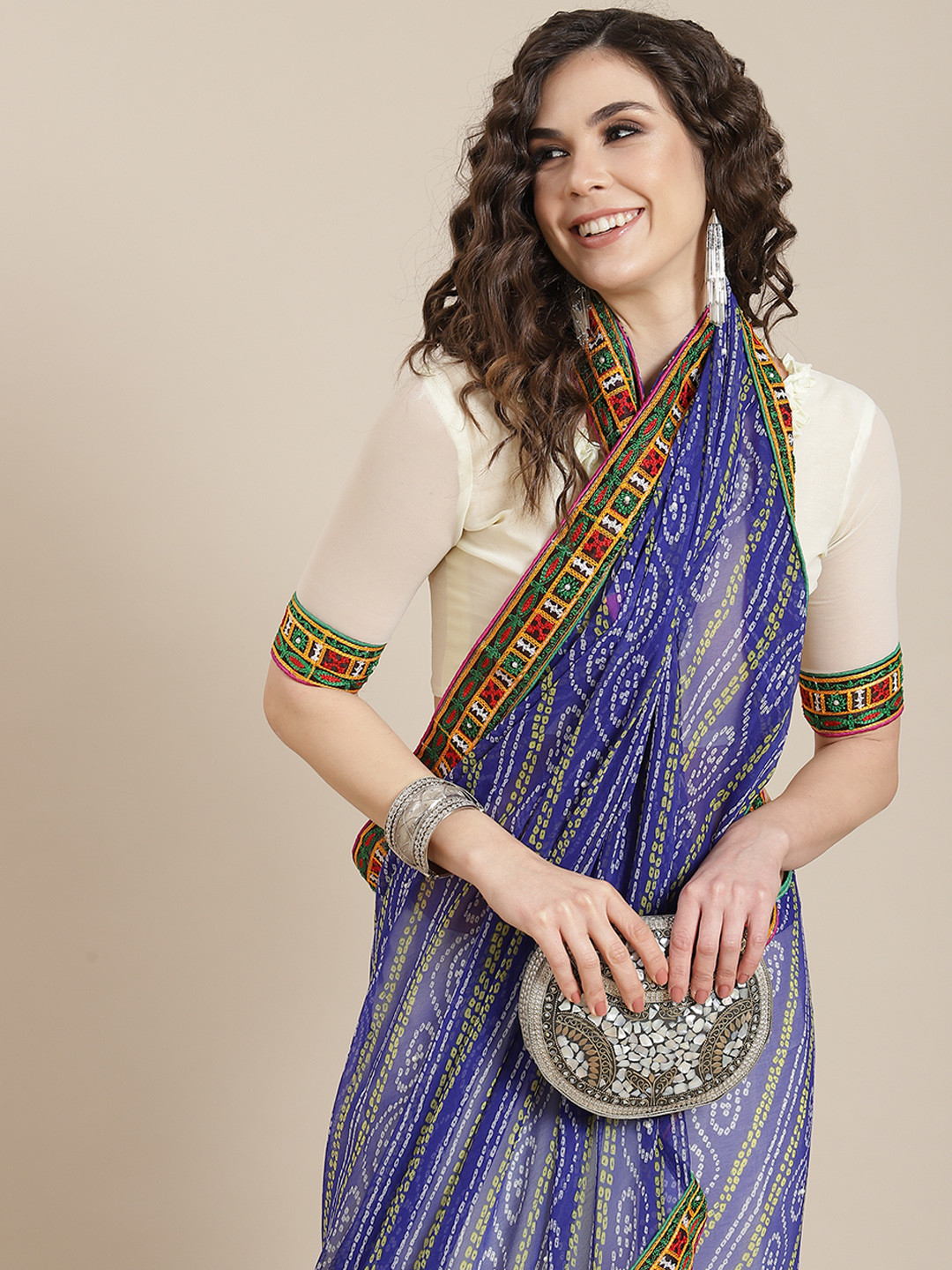 Mitera Blue & White Half & Half Bandhani Saree