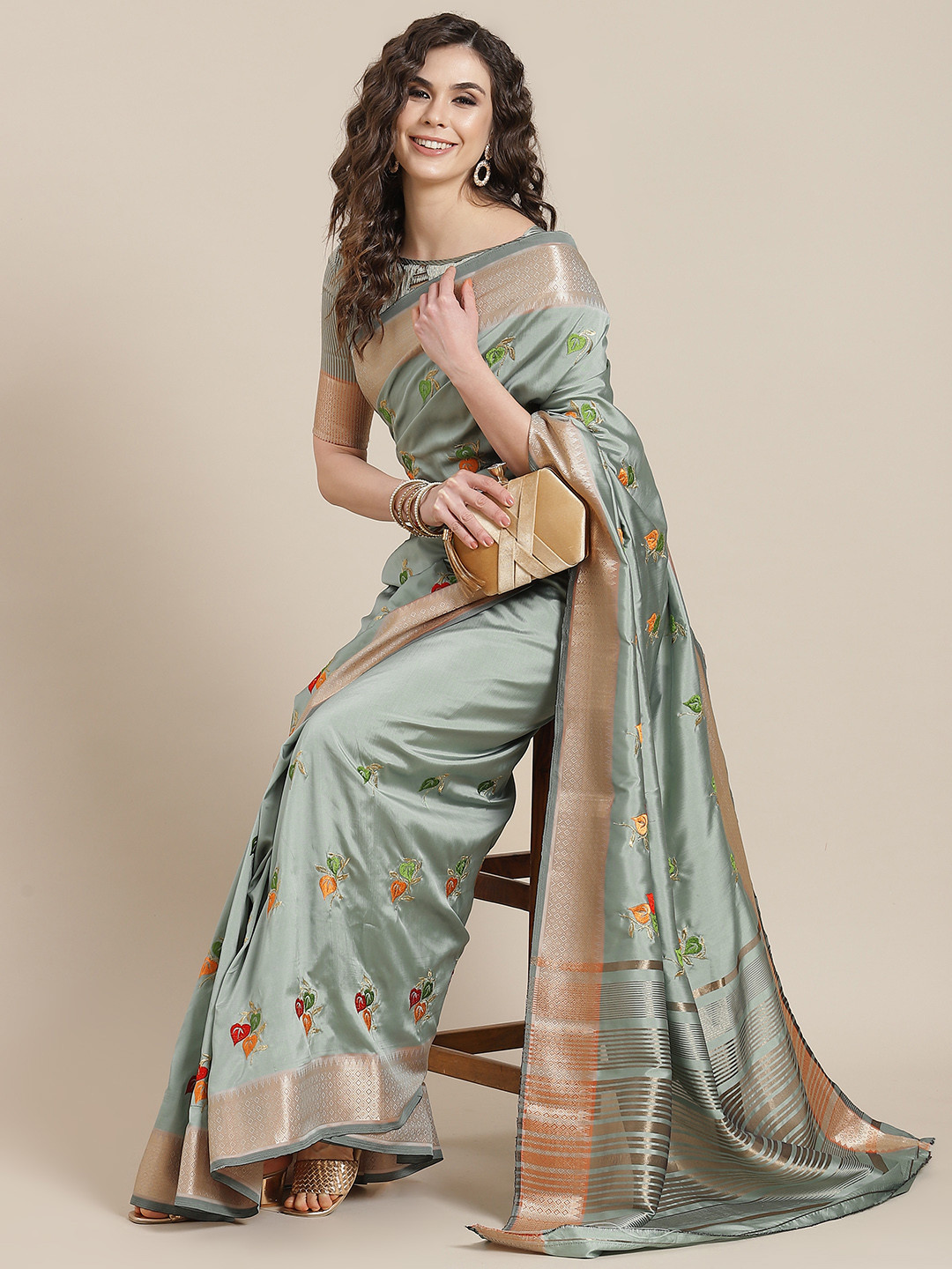 Mitera Blue Floral Embroidered Chanderi Saree