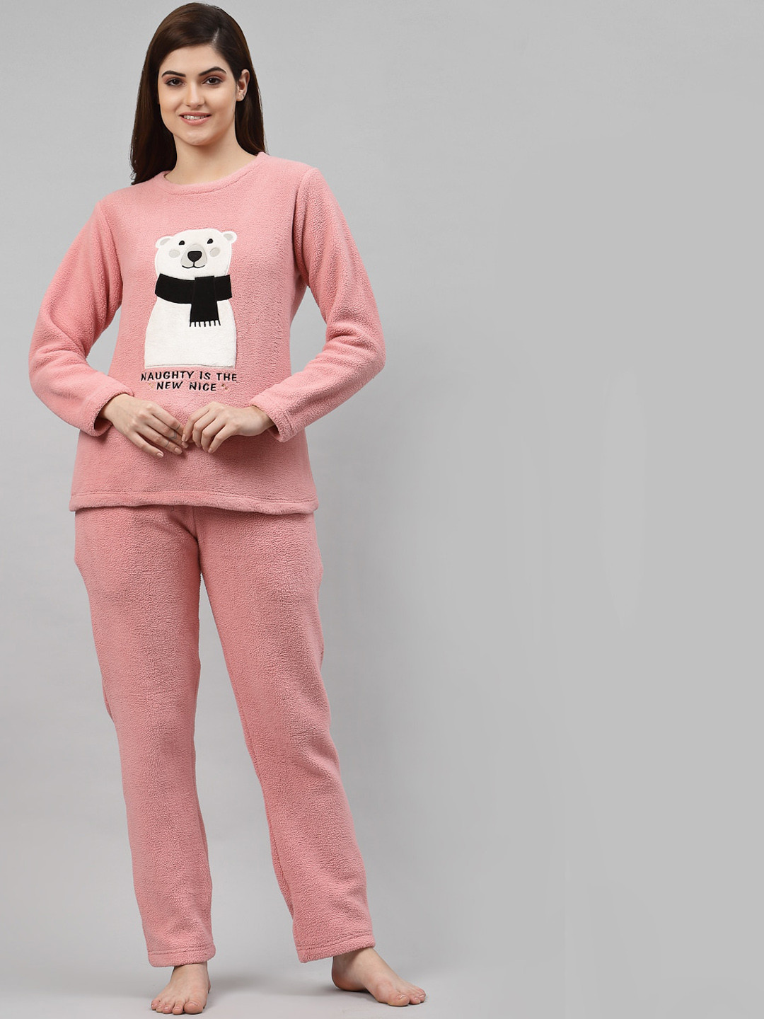 Sweet Dreams Women Pink & White Textured Night suit