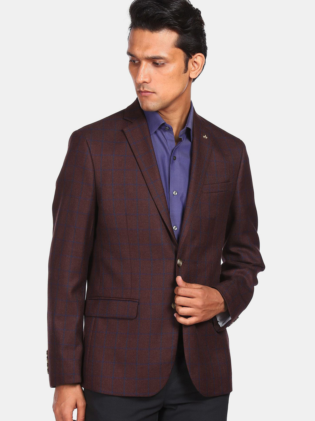 Arrow Men Maroon & Blue Checked Single Breasted Casual Blazer