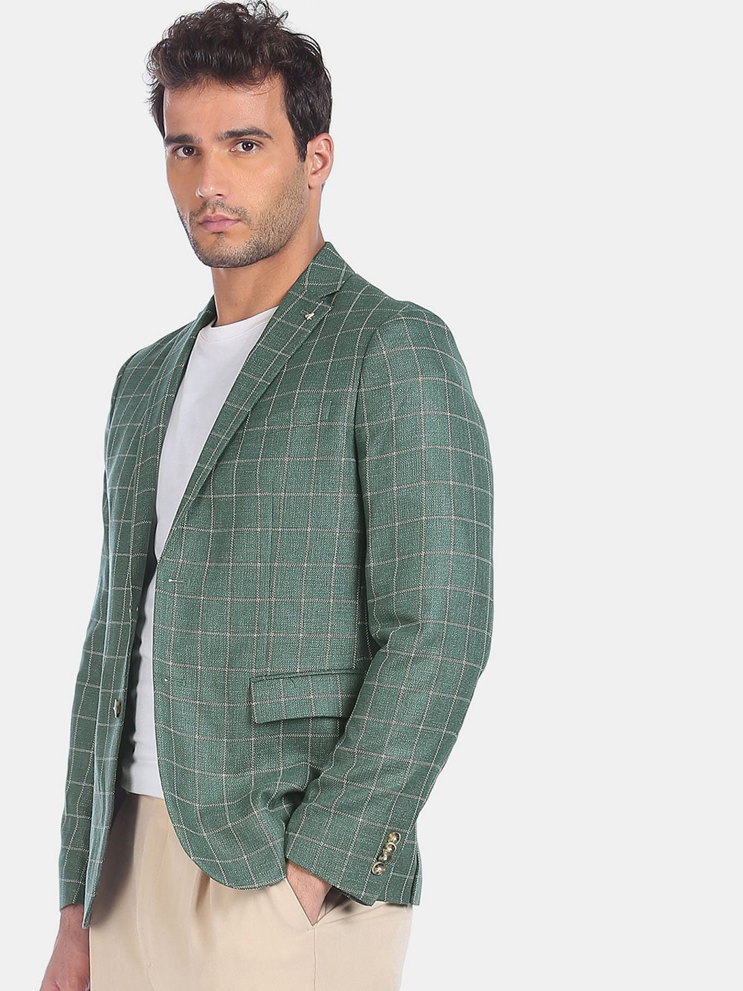 Arrow Men Green & White Checked Single Breasted Casual Blazer