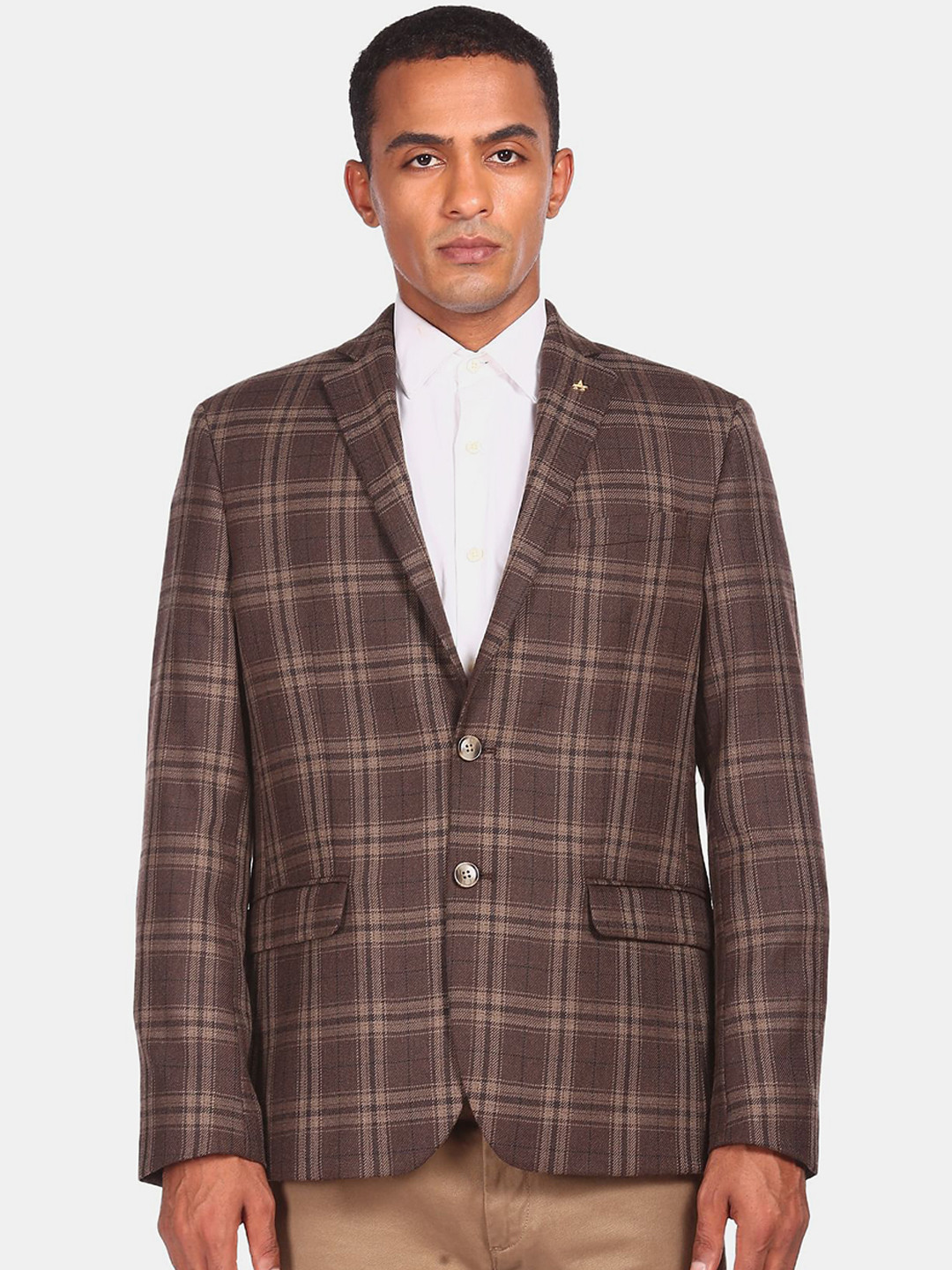 Arrow Men Brown Checked Single Breasted Blazer