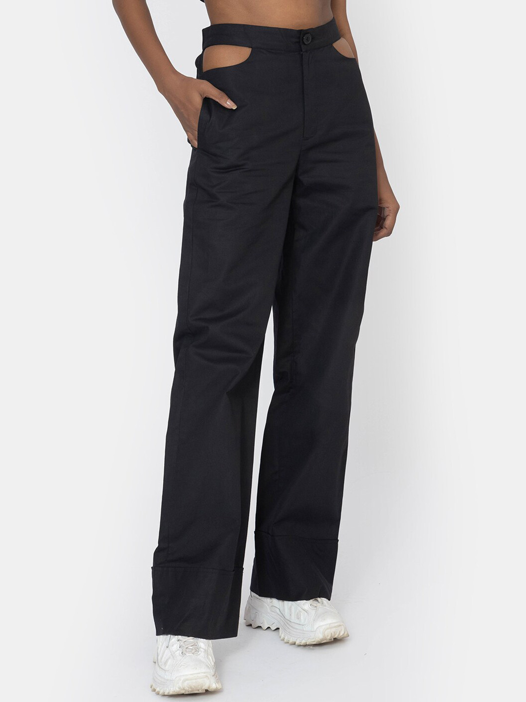 KLAS NOBL Women Black Solid High-Rise Cut-Out Trousers