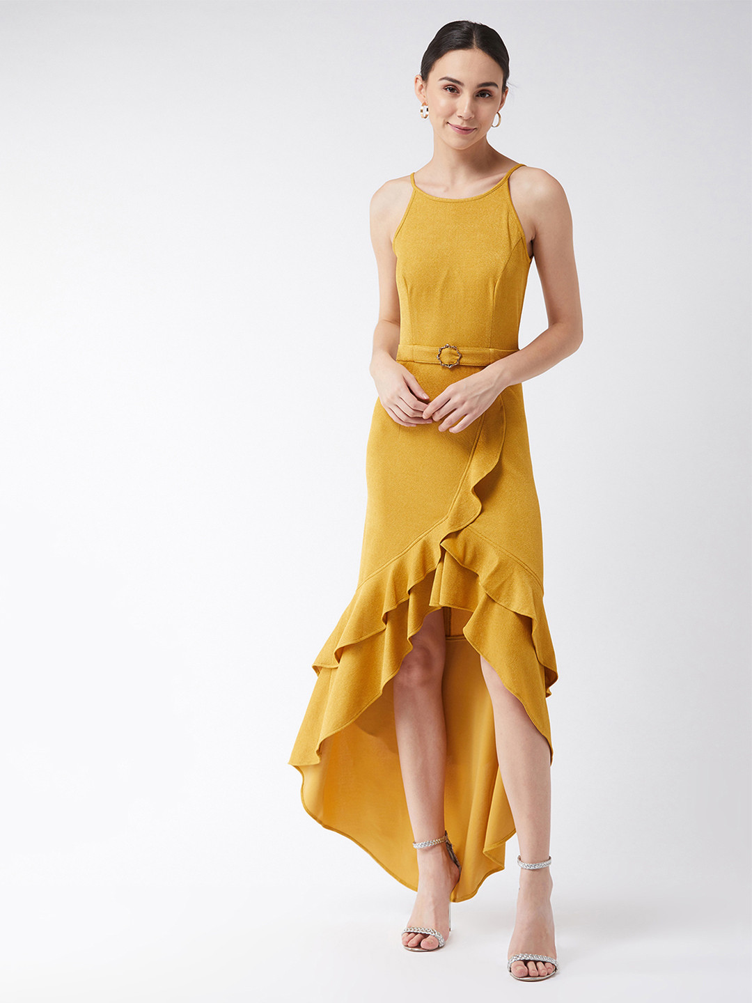 Miss Chase Mustard Yellow Solid Shoulder Straps Peplum Party Maxi Dress