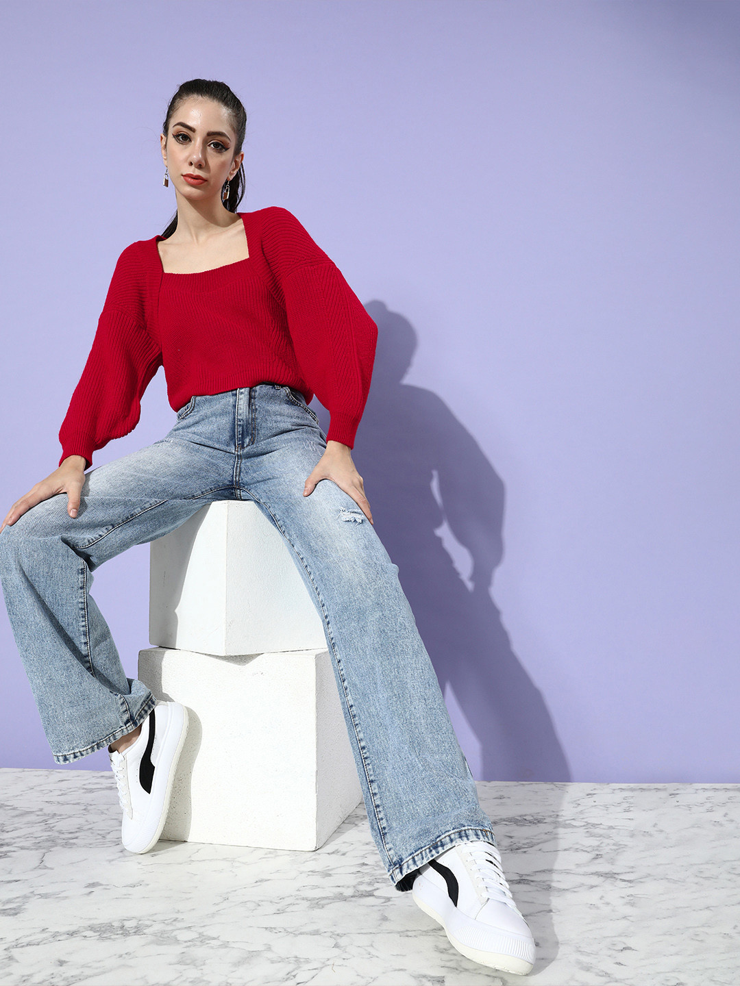 STREET 9 Women Gorgeous Red Solid Drop-Shoulder Sleeves Sweater