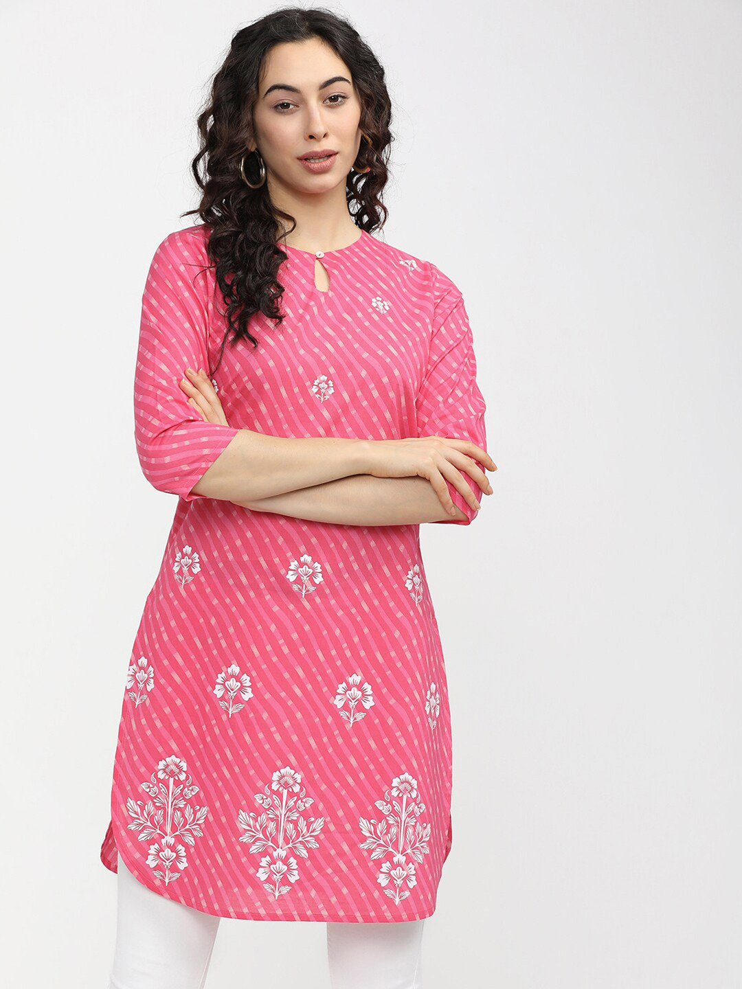Vishudh Pink & White Printed Cotton Tunic