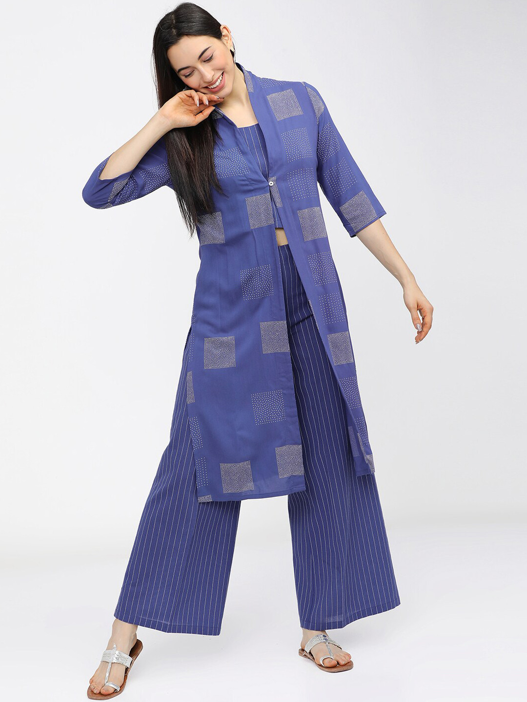 Vishudh Women Blue & White Striped Kurta with Palazzos & Jacket