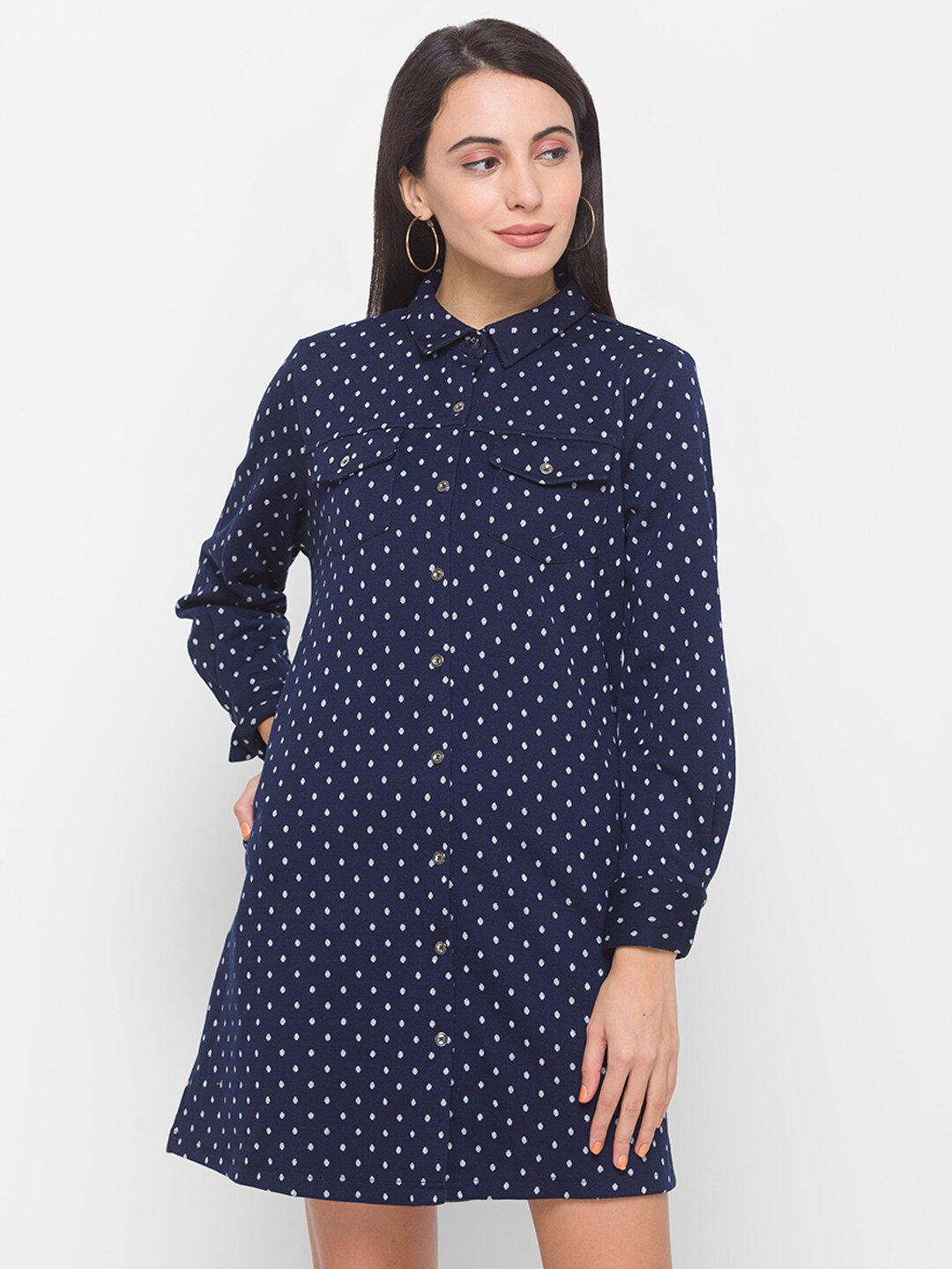 Globus Navy Blue & White Printed Shirt Style Longline Top
