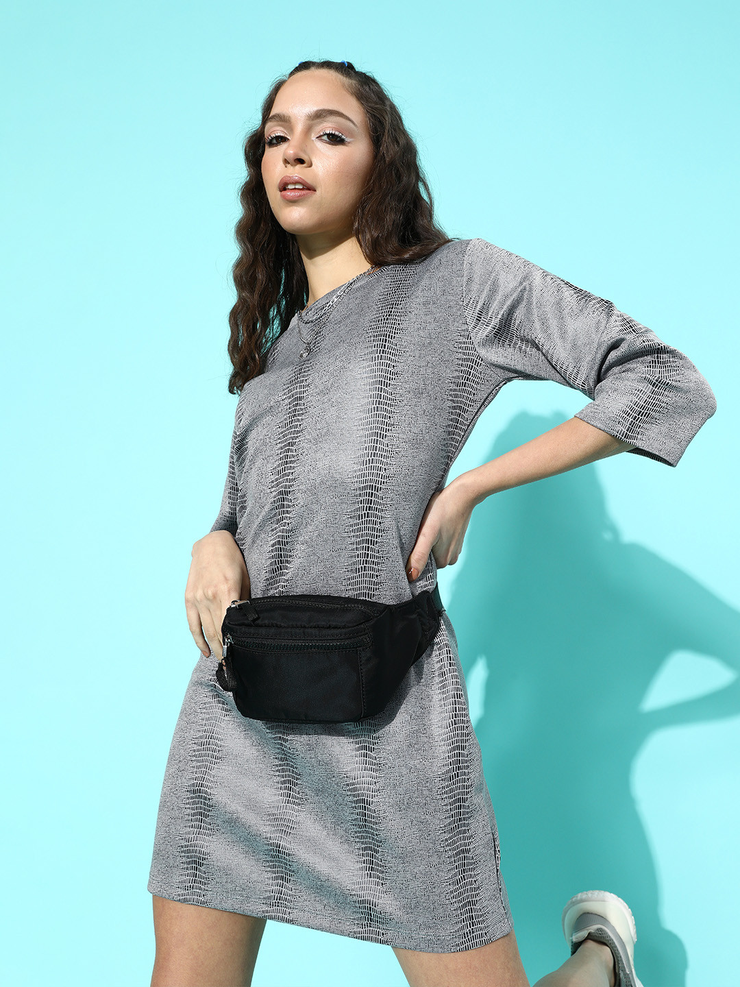 STREET 9 Women Beautiful Grey Solid Animal Printed Dress