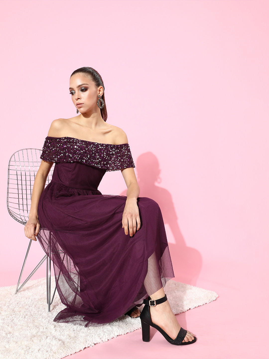 STREET 9 Women Deep Burgundy Solid Bling and Sparkly Dress