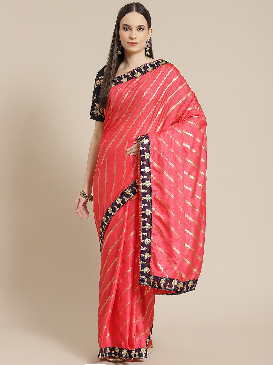 Chhabra 555 Coral Pink Silk Blend Leheriya Saree with Gotta Patti Detail