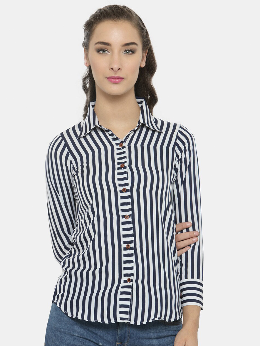 Enchanted Drapes Women Navy Blue Striped Casual Shirt