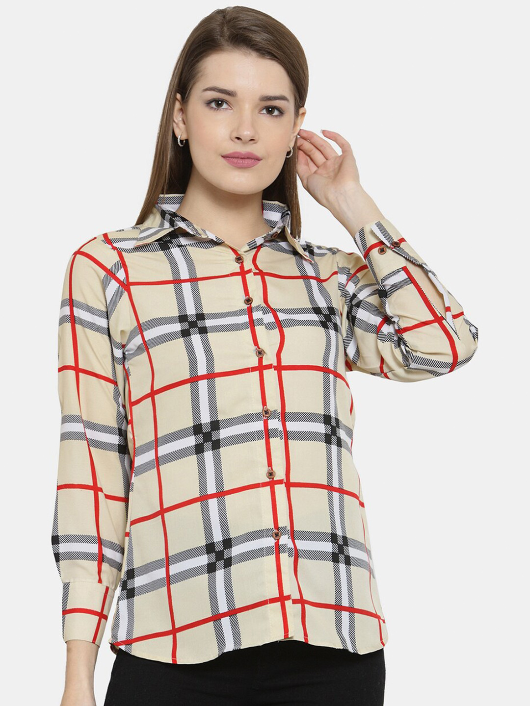 Enchanted Drapes Women Beige Windowpane Checks Checked Casual Shirt