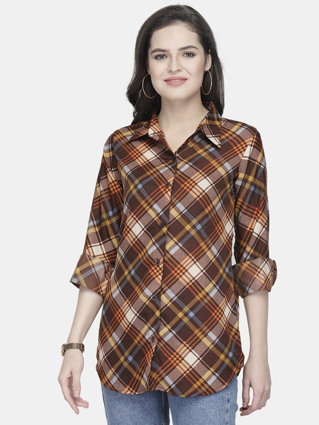 Enchanted Drapes Women Brown Checked Casual Shirt