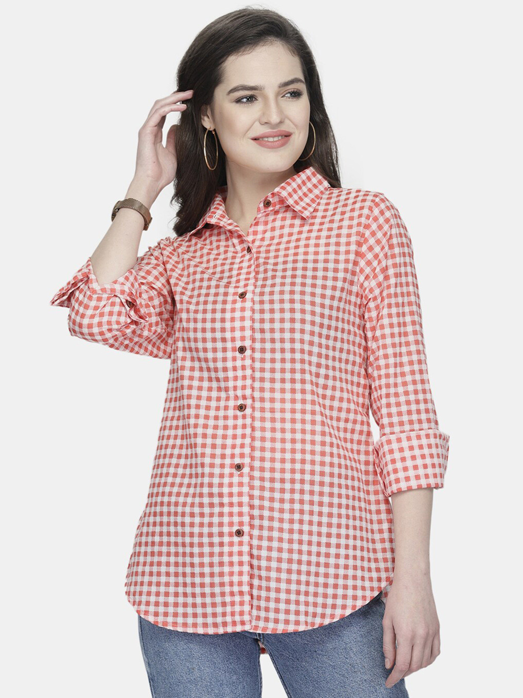 Enchanted Drapes Women Red Gingham Checked Casual Shirt