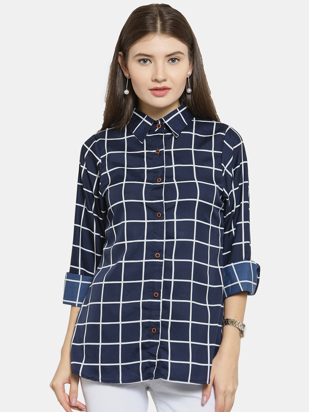 Enchanted Drapes Women Blue Windowpane Checks Casual Shirt