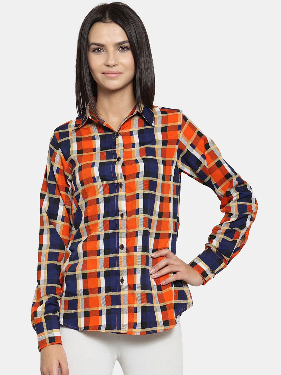 Enchanted Drapes Women Orange Opaque Checked Casual Shirt