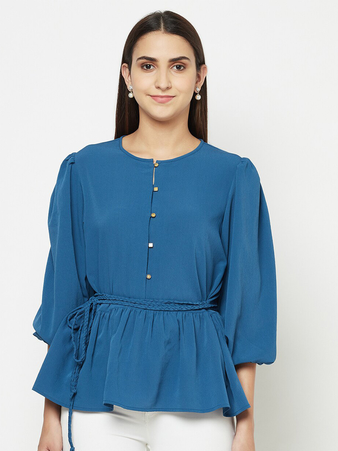 BLANC9 Teal Blue Braided Belt Crepe Peplum Top