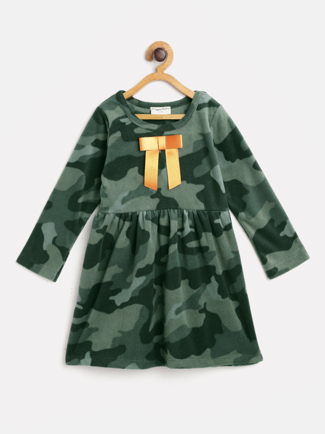 CrayonFlakes Girls Green Camouflage Print Polar Fleece  Fit & Flare Dress with Bow