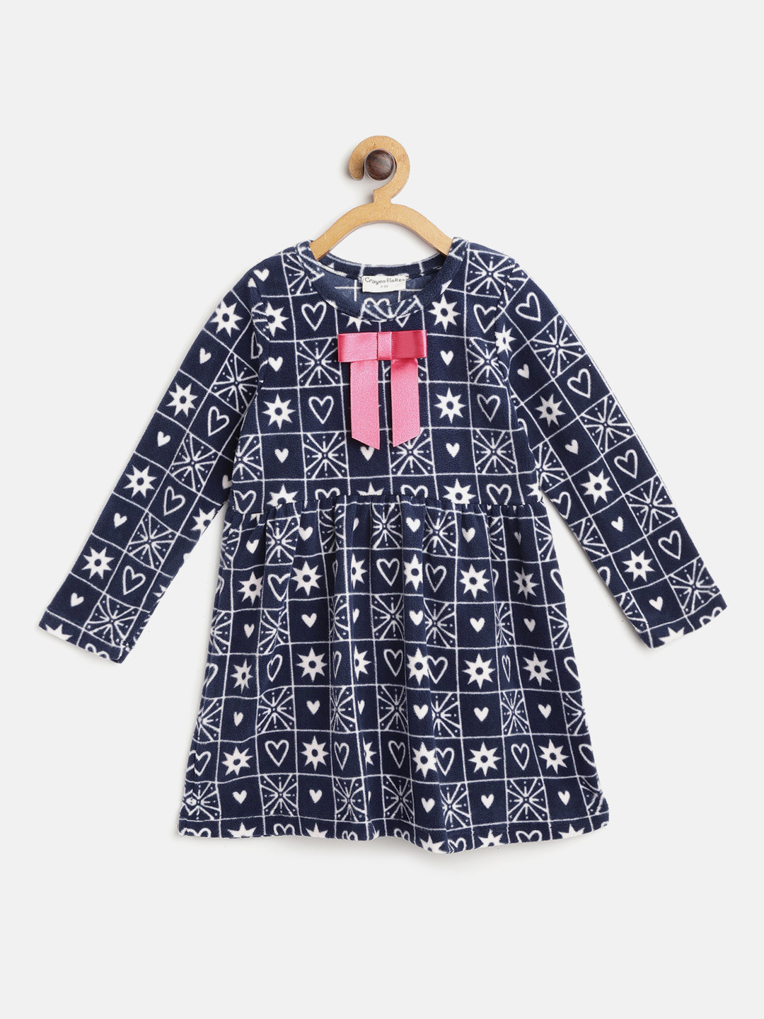 CrayonFlakes Girls Navy Blue & White Printed Polar Fleece  Fit & Flare Dress