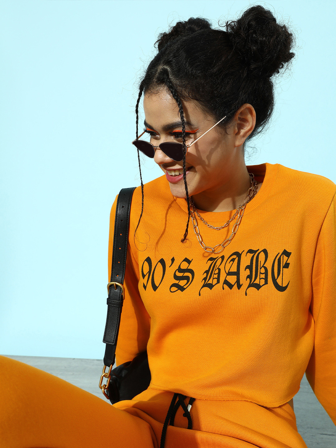 STREET 9 Women Bright Orange Typography Cropped Sweatshirt