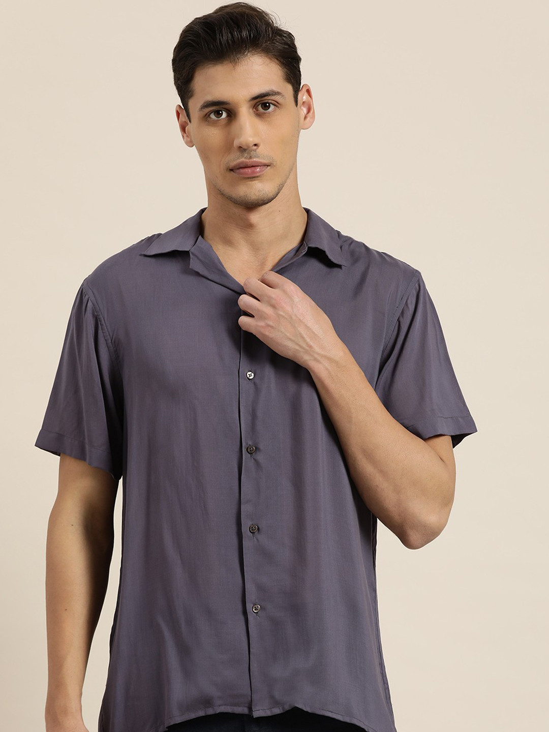 Hancock Men Charcoal Grey Solid Casual Shirt