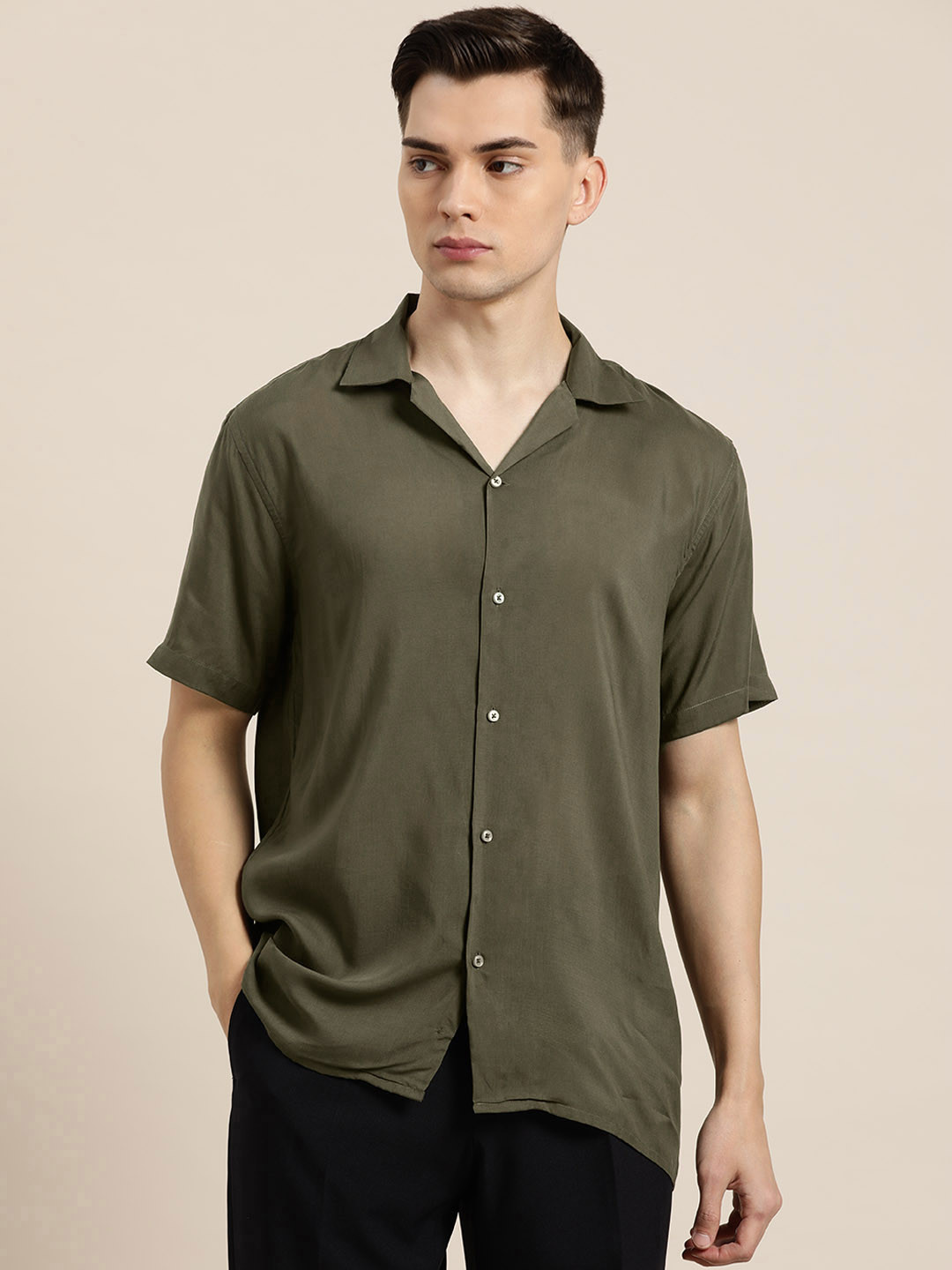 Hancock Men Olive Green Solid Casual Shirt