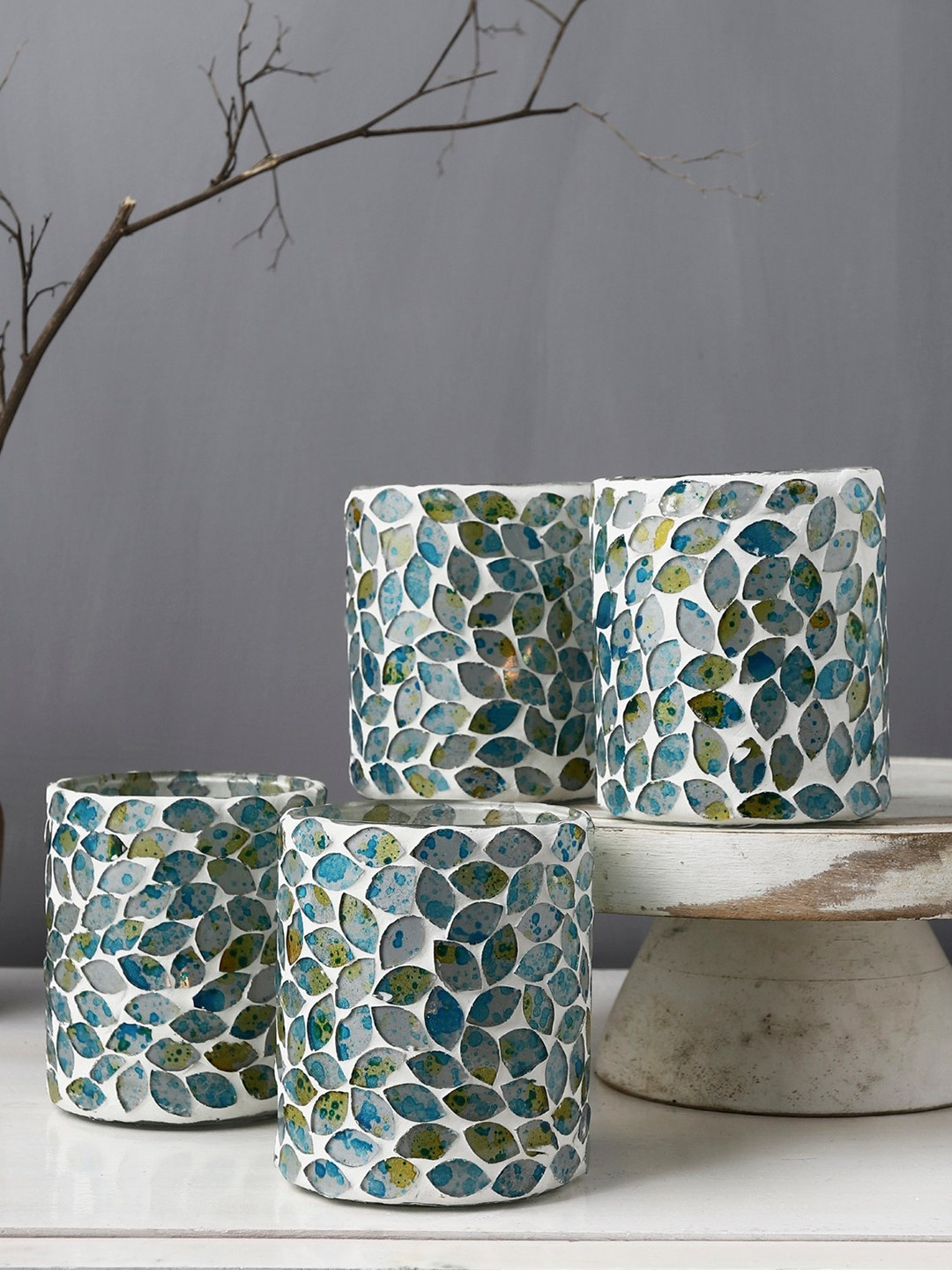 The Decor Mart Set of 4 White & Blue Printed Candle Holders