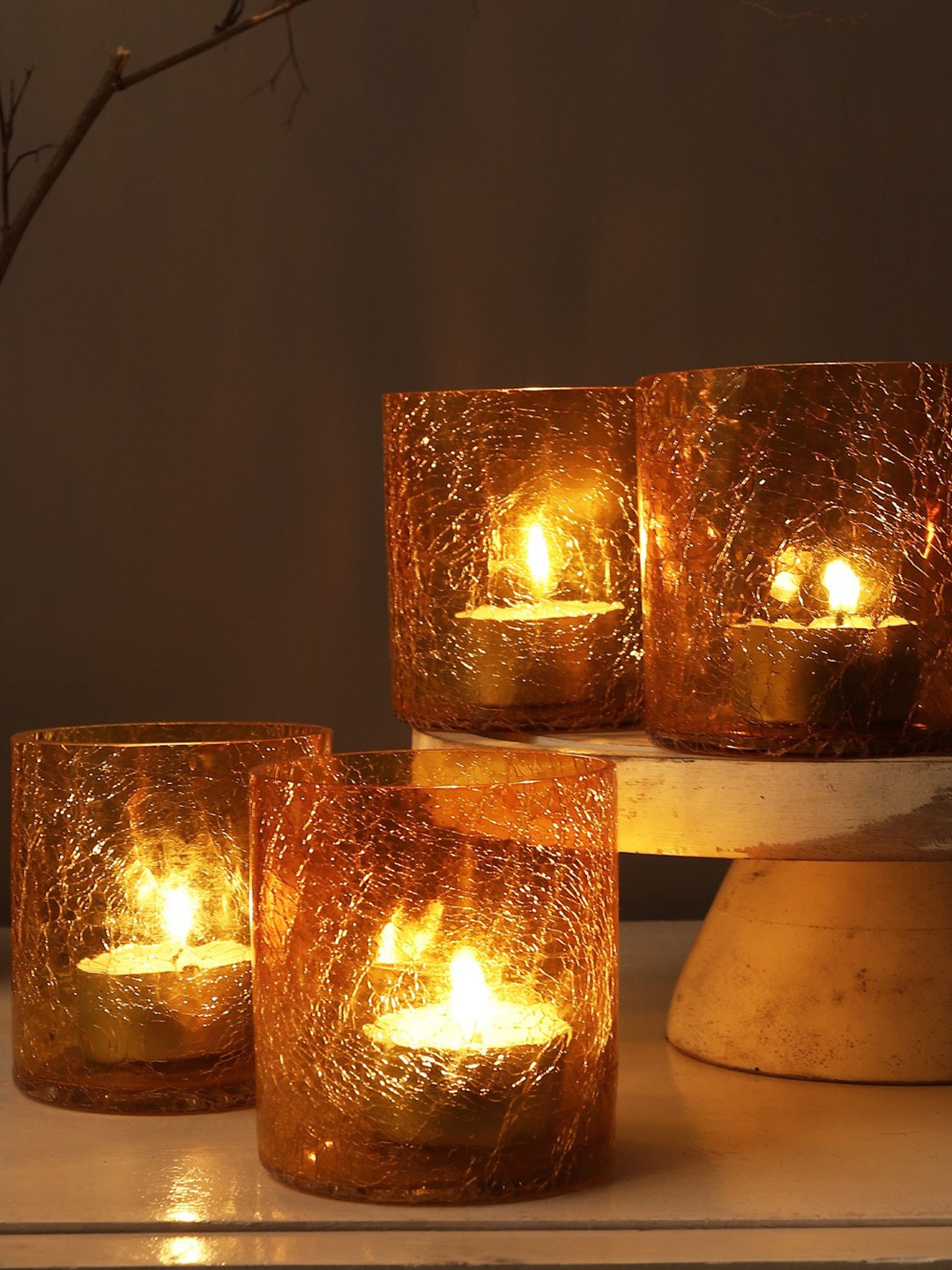 The Decor Mart Set Of 4 Yellow Patterned Glass Tealight Candle Holders With Tealight