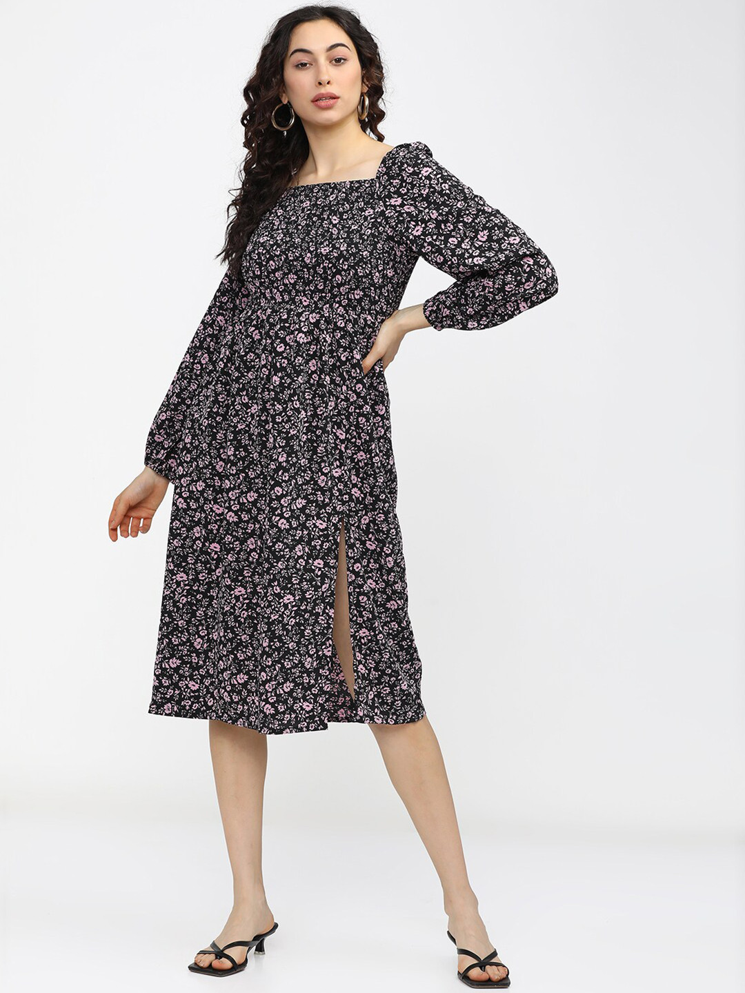 Tokyo Talkies Women Black & Pink Floral Square Neck A-Line Dress