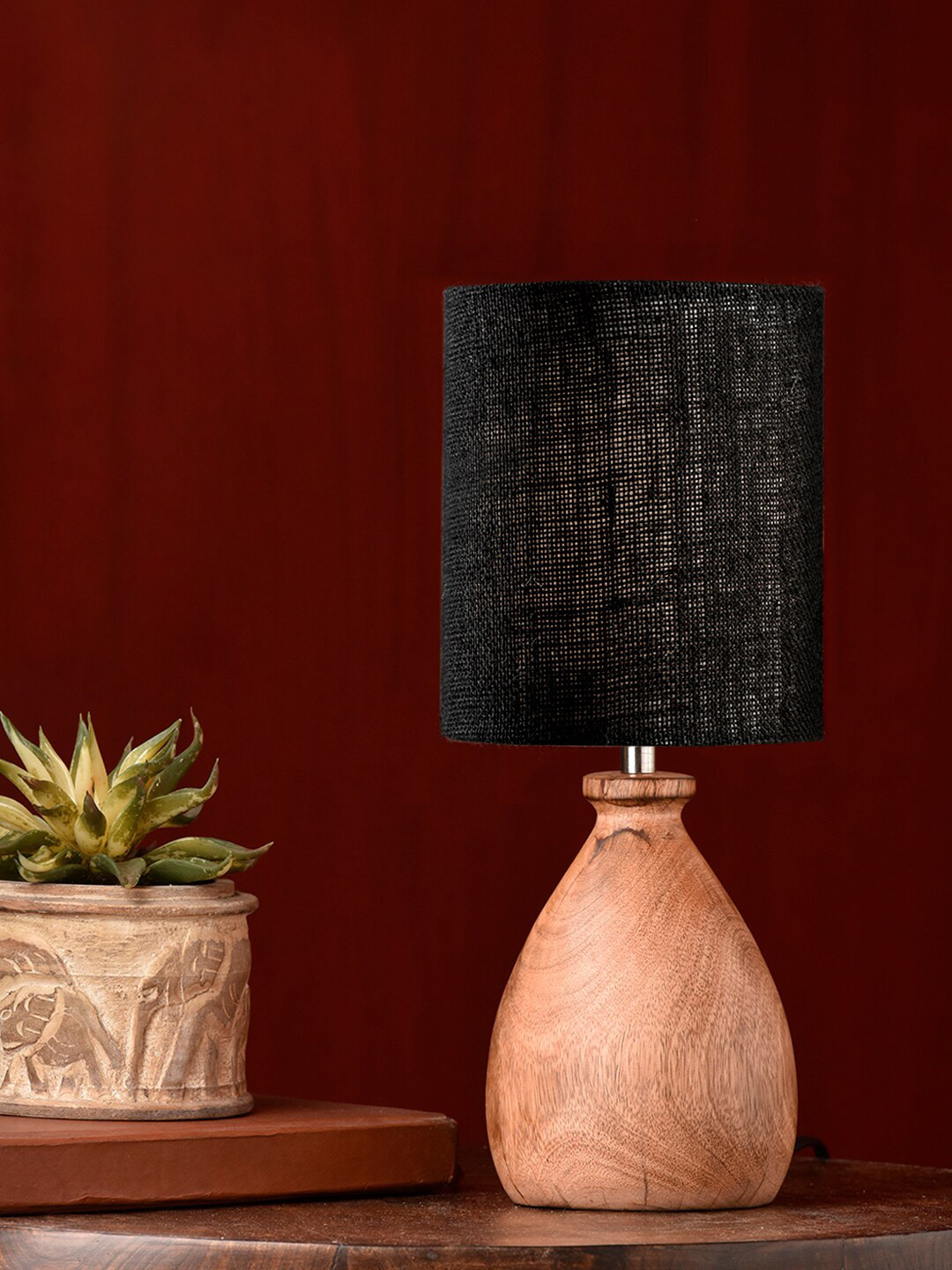 green girgit Brown & Black Wooden Dome Table Lamp with Jute Shade