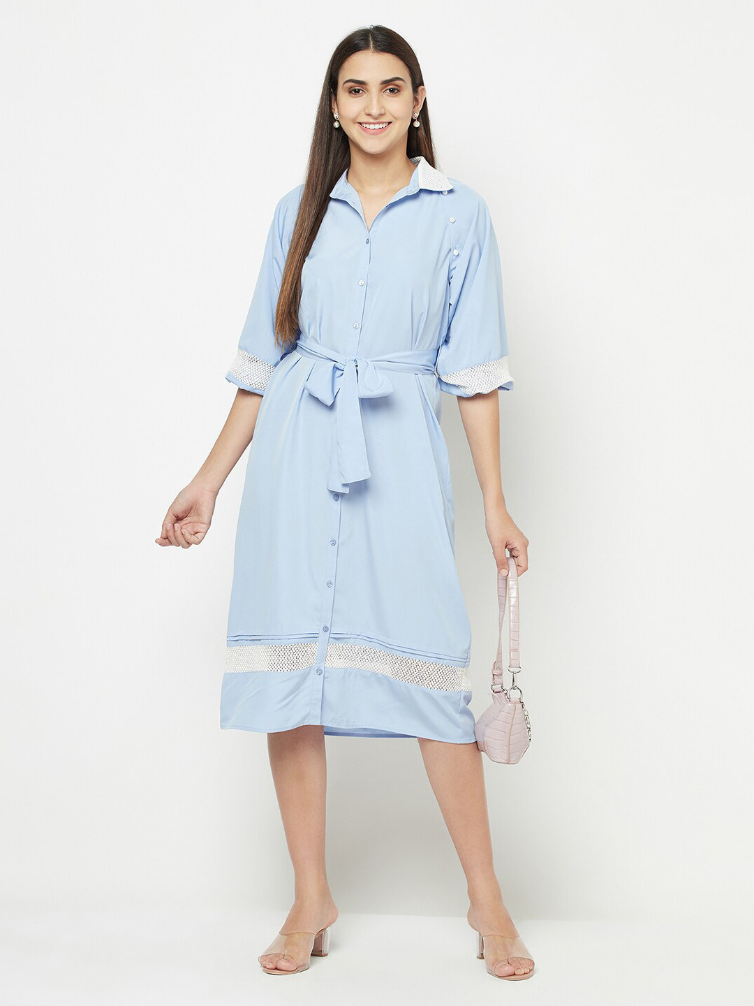 BLANC9 Blue Crepe Shirt Midi Dress
