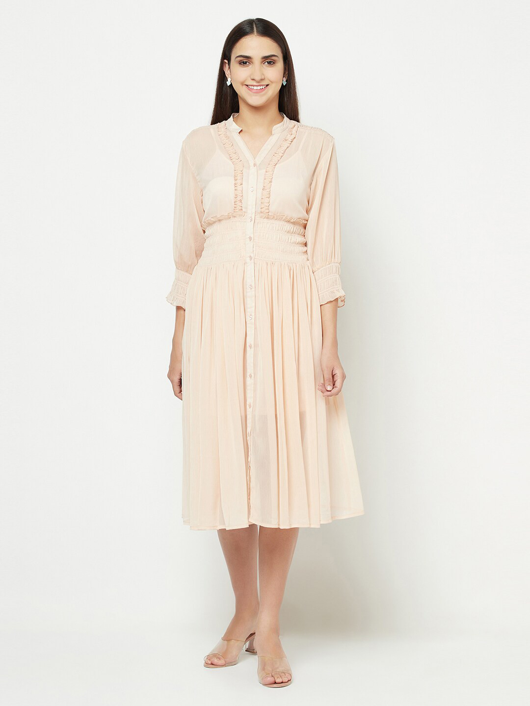 BLANC9 Peach-Coloured Chiffon Midi Dress