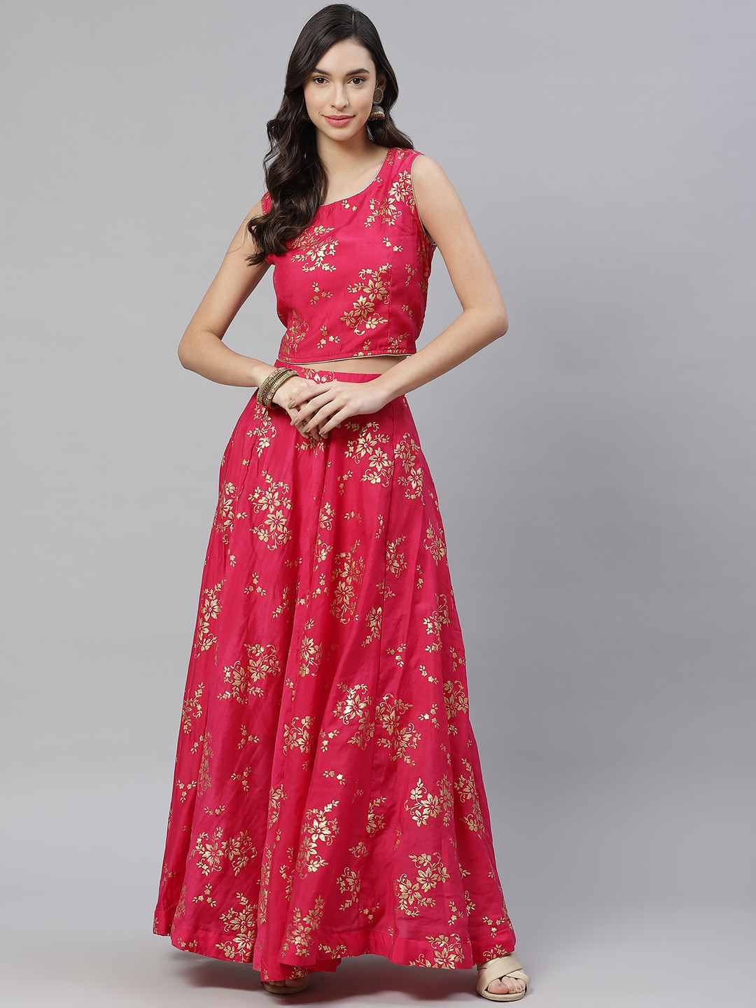 Fusion Threads Fuchsia Pink Printed Foil Print Ready to Wear Lehenga