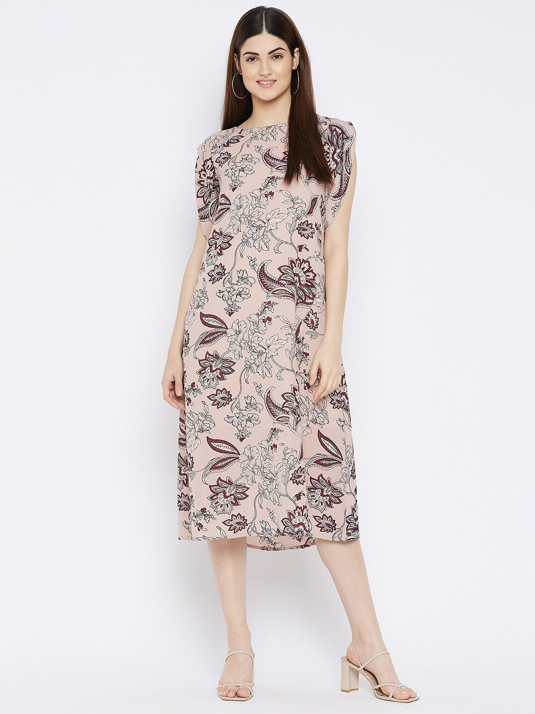 Ruhaans Women Peach-Coloured & Brown Floral Georgette A-Line Midi Dress