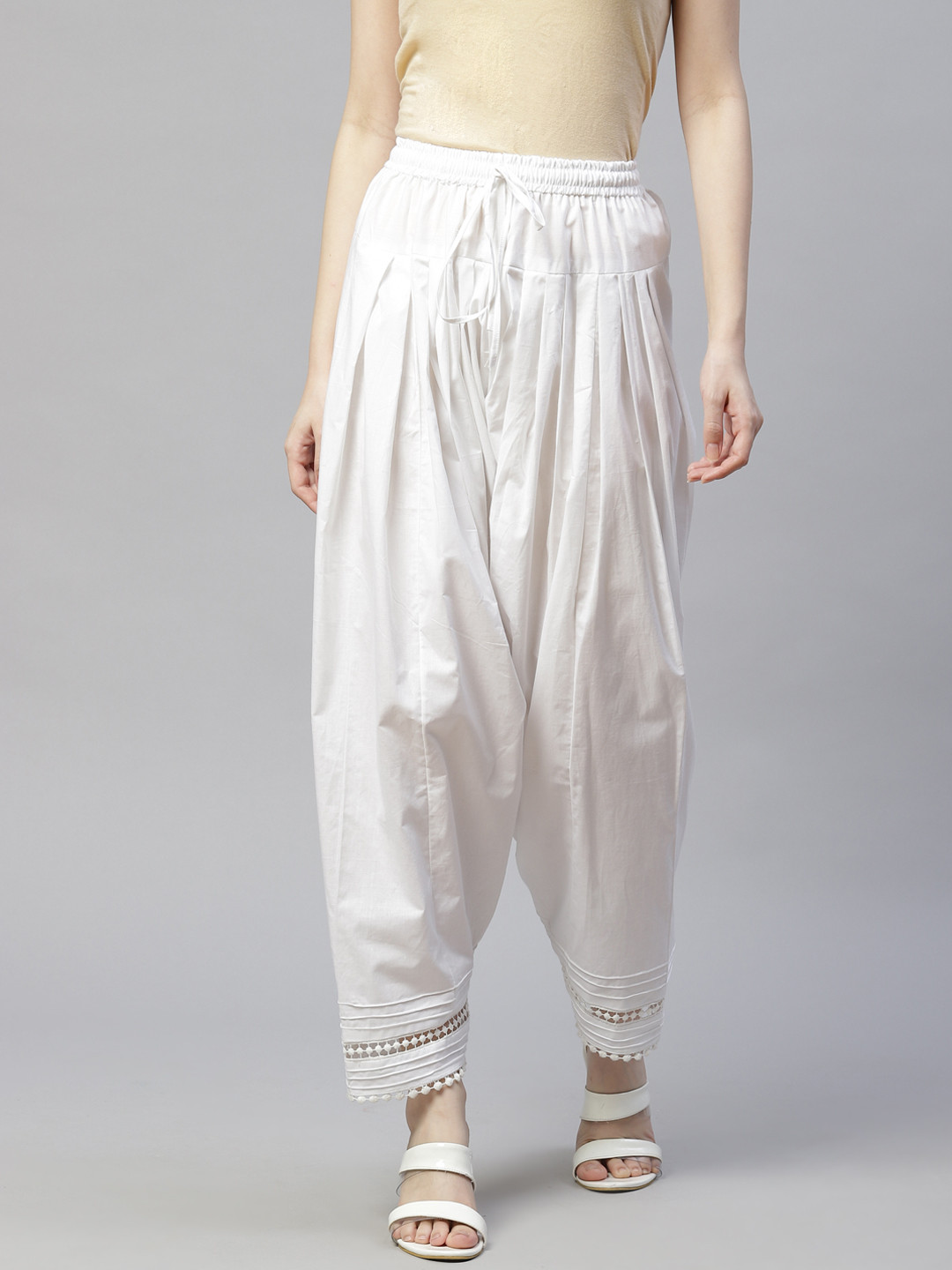 Laado - Pamper Yourself Women White Pintucks Lace Pure Cotton Salwar