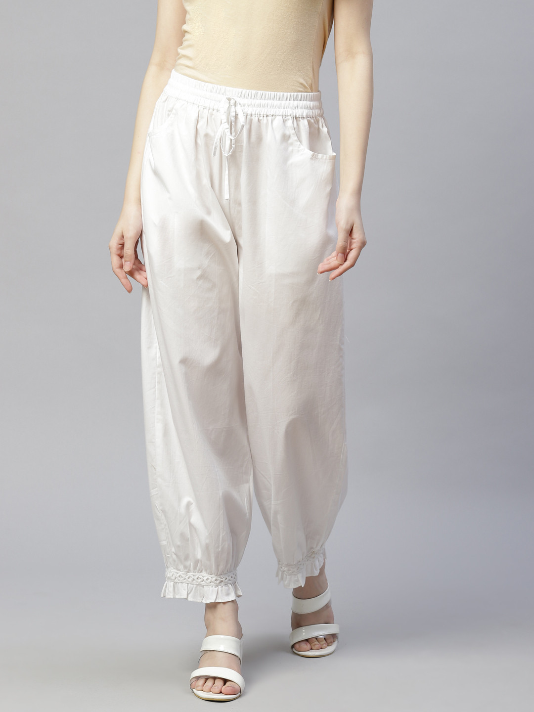 Laado - Pamper Yourself Women White Solid Lace Frill Pure Cotton Afghan Salwar