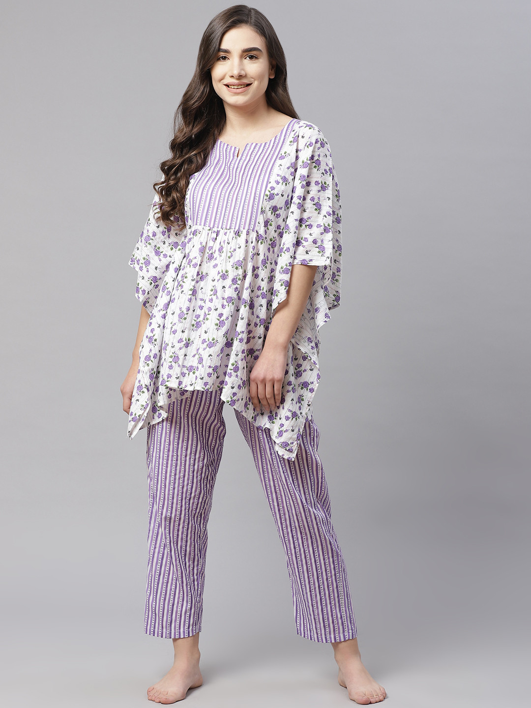 Laado - Pamper Yourself Women Purple & White Floral Printed Cotton Pyjama Set