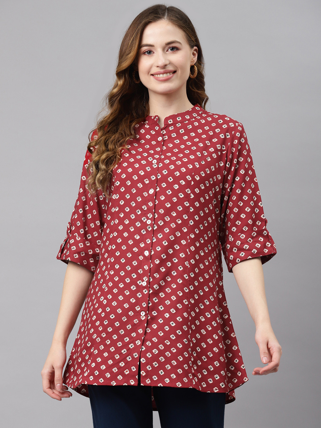 Divena Maroon & White Geometric Print Mandarin Collar Roll-Up Sleeves Shirt Style Top