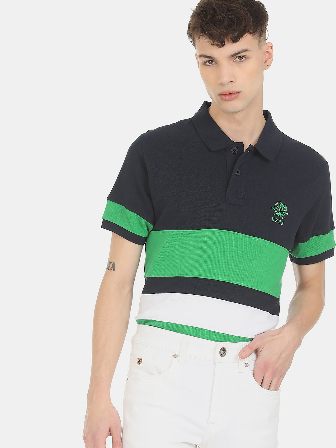 U S Polo Assn Men Navy Blue & Green Colourblocked Polo Collar Slim Fit T-shirt